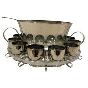 Mid Century Silver Fade Complete Punch Bowl Set Dorothy Thorpe Vintage Retro 15p